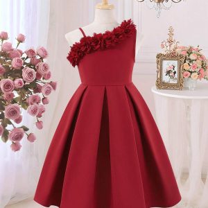 Vestido casual elegante burdeo manga cero flor 3d