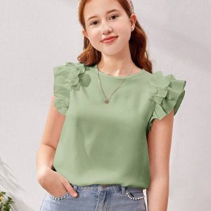 Blusa poliéster verde olivo de manga con volante de espalda con abertura de ojo