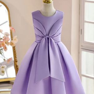 Vestido elegante color liso lila princesa lazo delantero