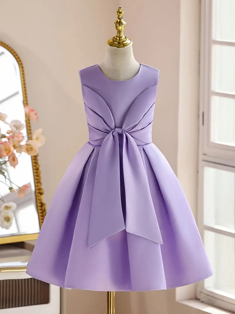 Vestido elegante color liso lila princesa lazo delantero