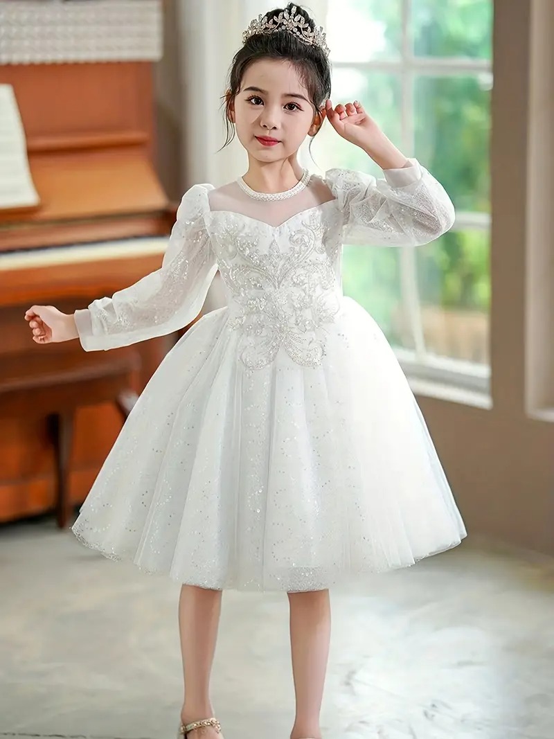 Vestido fiesta blanco con detalle encaje bordado y tul - Imagen 3