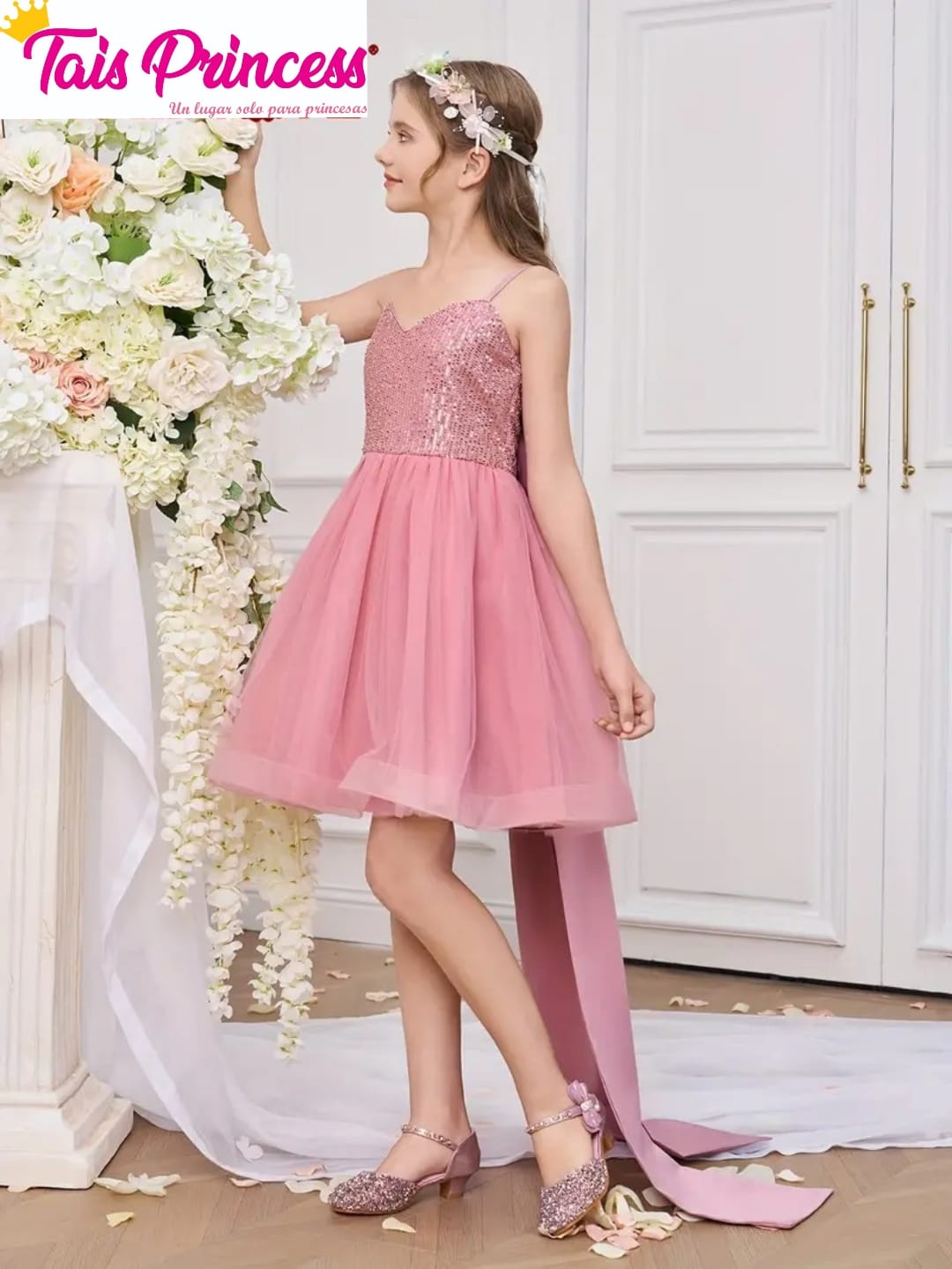 Vestido de fiesta princesa lentejuelas con gran lazo atrás - Imagen 3