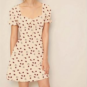 Vestido casual poliéster albaricoque de cuello con cordón