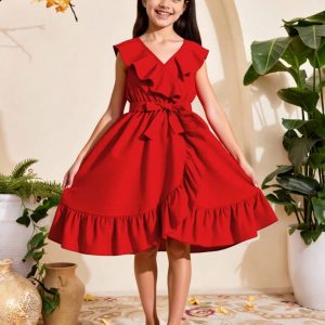 Vestido casual rojo envolvente con cinturón manga cero