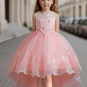 Vestido de fiesta rosa niñas aplique flores