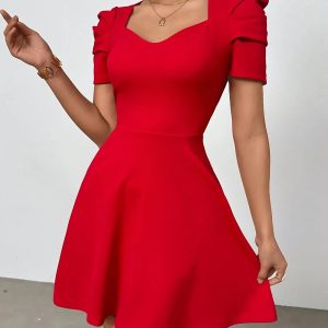 Vestido elegante rojo manga fruncido escote v
