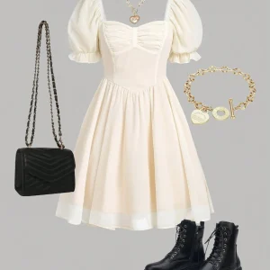 Vestido casual elegante manga corta albaricoque escote corazón