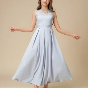 Vestido elegante plisado parche encaje cuello redondo celeste