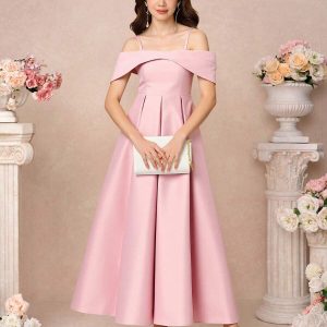 Vestido de fiesta midi rosa cintura talle alto