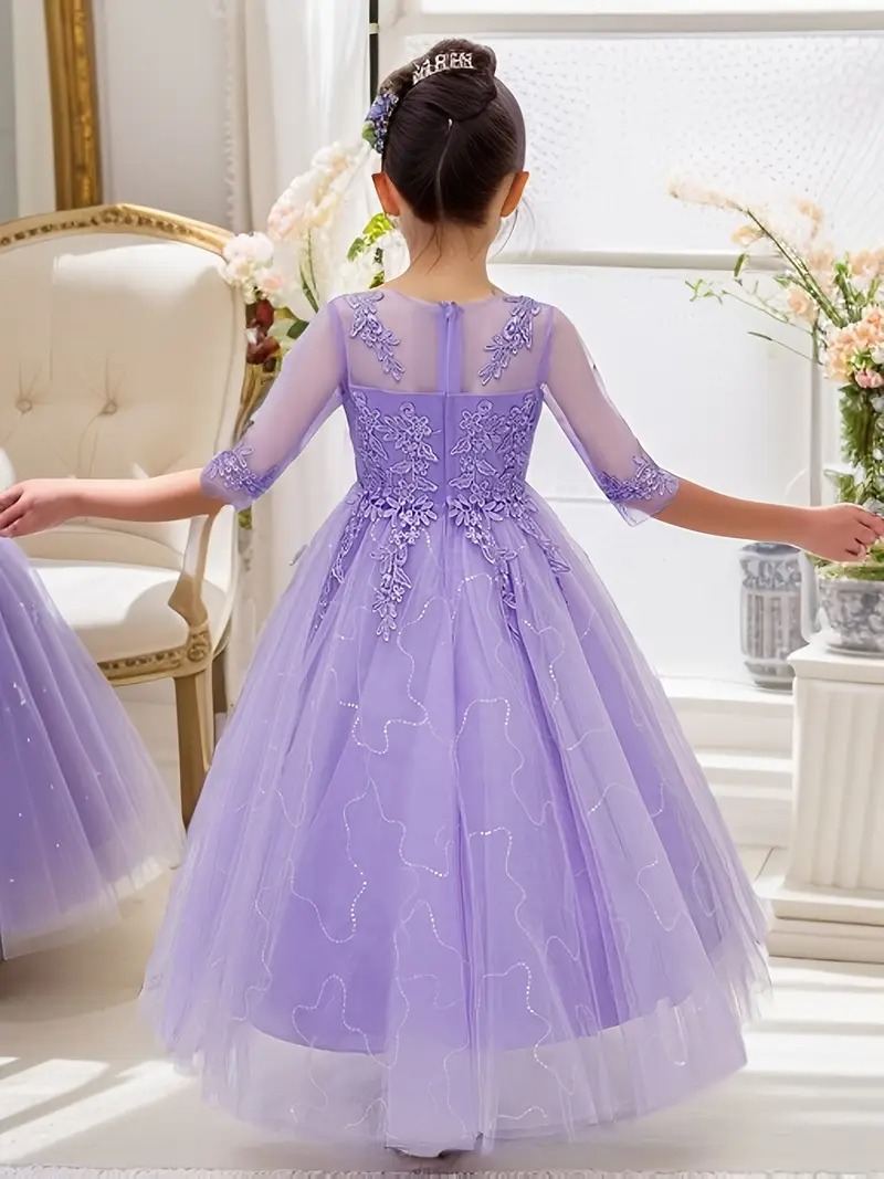 Vestido de fiesta lila con encaje elegante manga 3/4 - Imagen 2