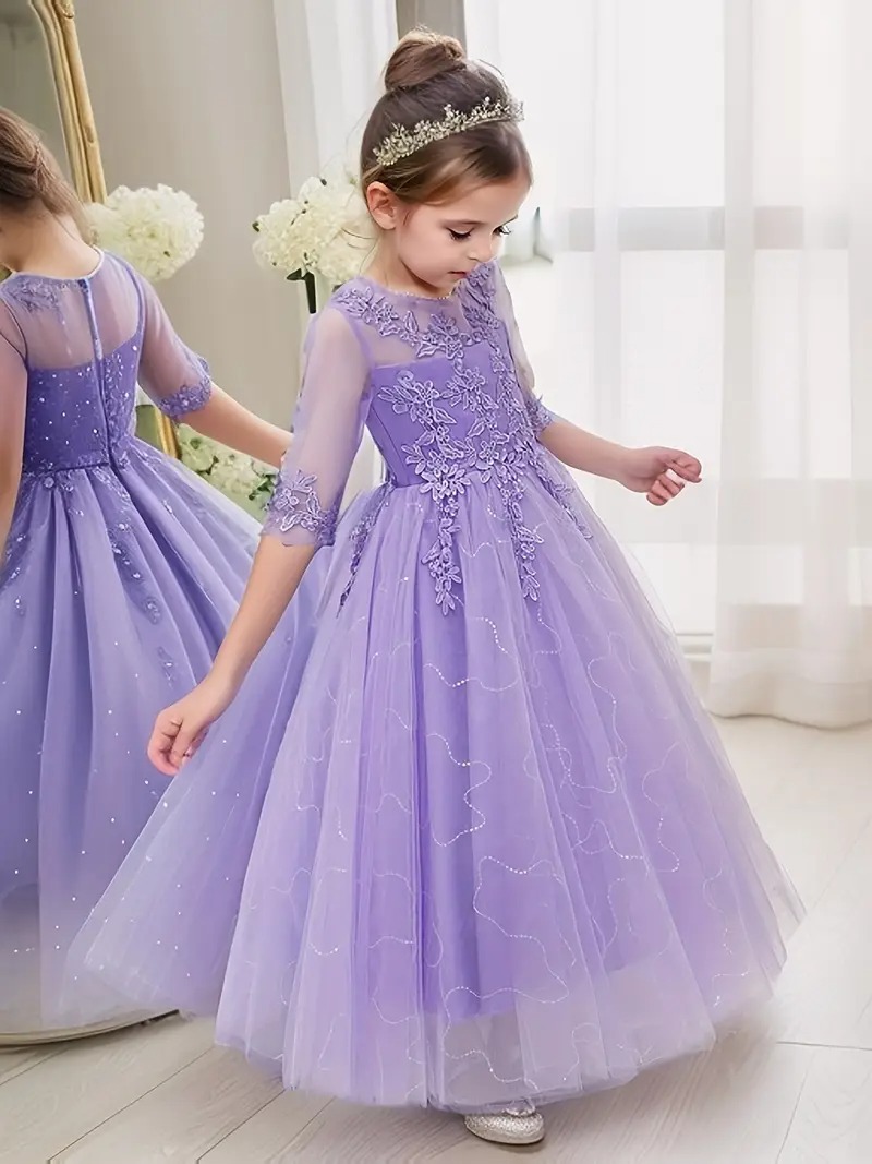 Vestido de fiesta lila con encaje elegante manga 3/4 - Imagen 4
