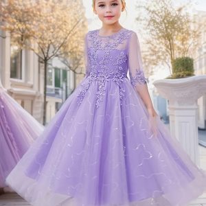 Vestido de fiesta lila con encaje elegante manga 3/4