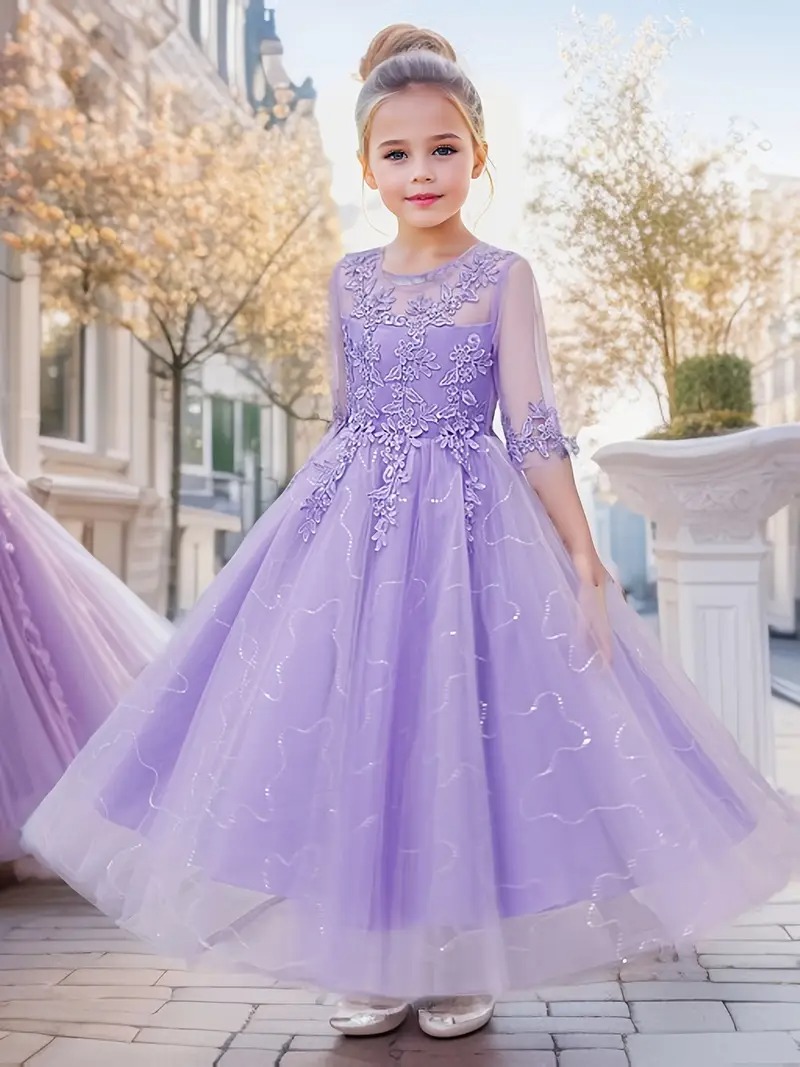Vestido de fiesta lila con encaje elegante manga 3/4