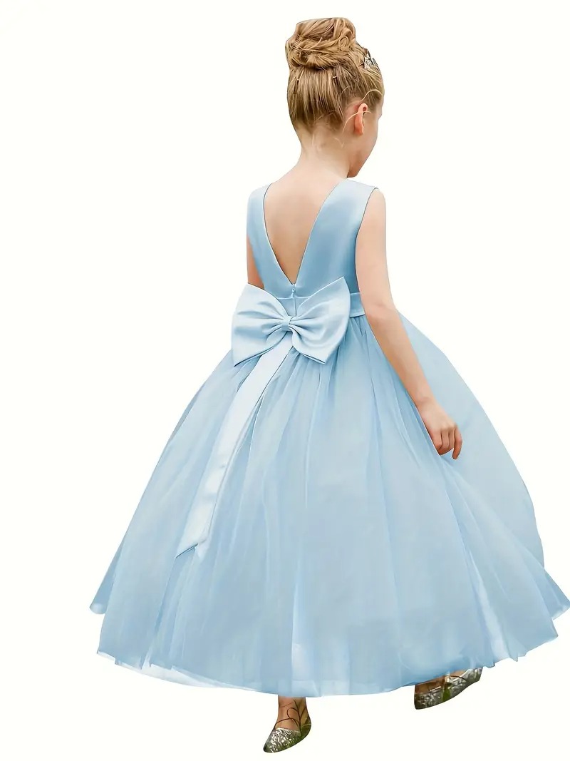 Vestido de fiesta niñas celeste espalda en V con lazo - Imagen 2