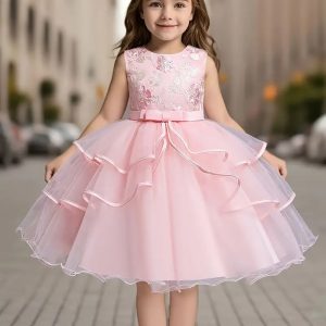 Vestido de fiesta princesa bordado con malla contraste rosa bb
