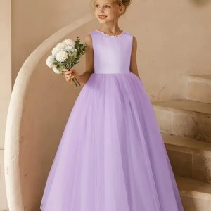 Vestido de fiesta lila espalda abierta con perlas lazo mariposa