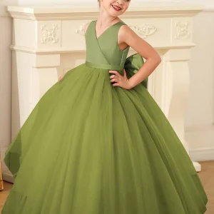Vestido largo de fiesta verde olivo estilo princesa manga cero