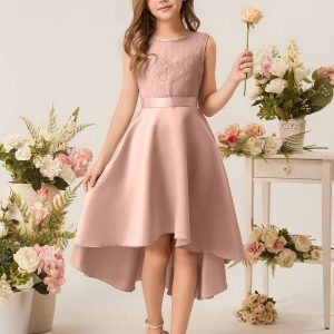 Vestido de fiesta encaje satén rosa elegante