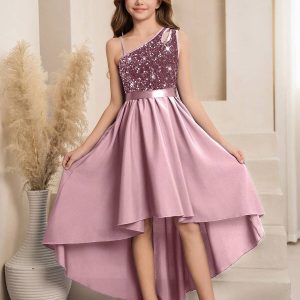 Vestido de fiesta rosa corte linea A con lentejuelas, asimétrico, bajo desigual