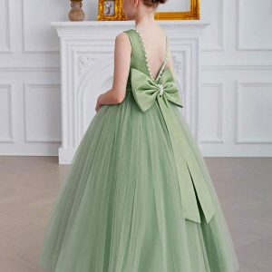 Vestido verde olivo elegante cuello v con perlas y Lazo atrás