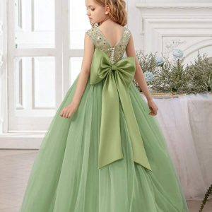 Vestido de fiesta elegante verde olivo lazo grande atrás cuello v