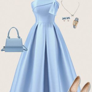 Vestido elegante celeste cuello halter maxi