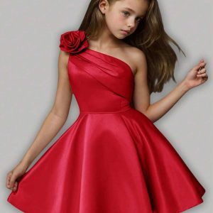 Vestido de fiesta de gala decoración floral 3d asimétrico elegante rojo