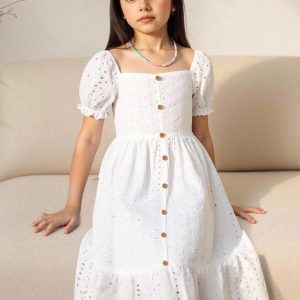 Vestido casual blanco midi broderie boton delantero