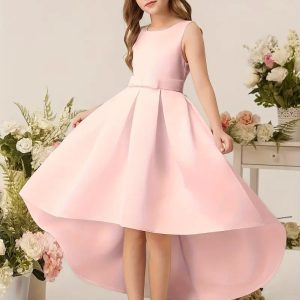 Vestido elegante cola de pato sin mangas cuello redondo y V atrás rosa
