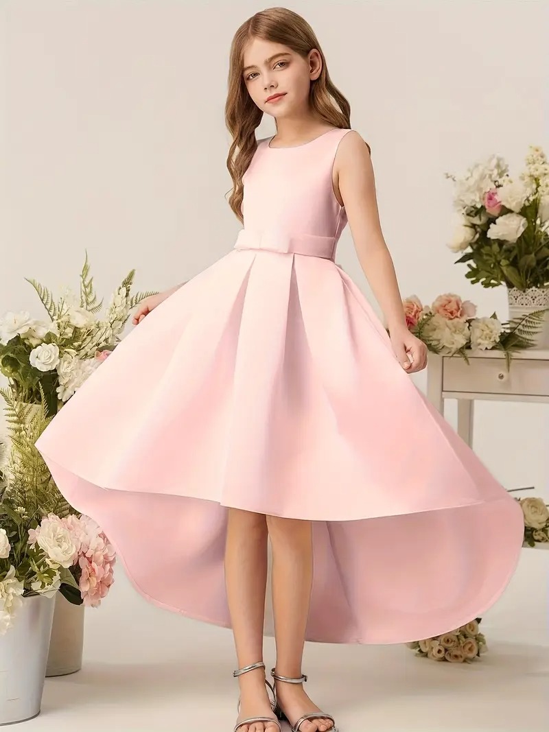 Vestido elegante cola de pato sin mangas cuello redondo y V atrás rosa