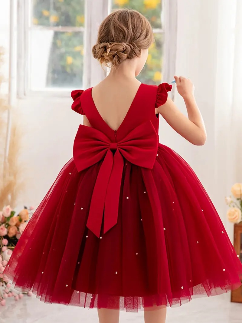 Vestido fiesta niñitas burdeo de malla manga capa