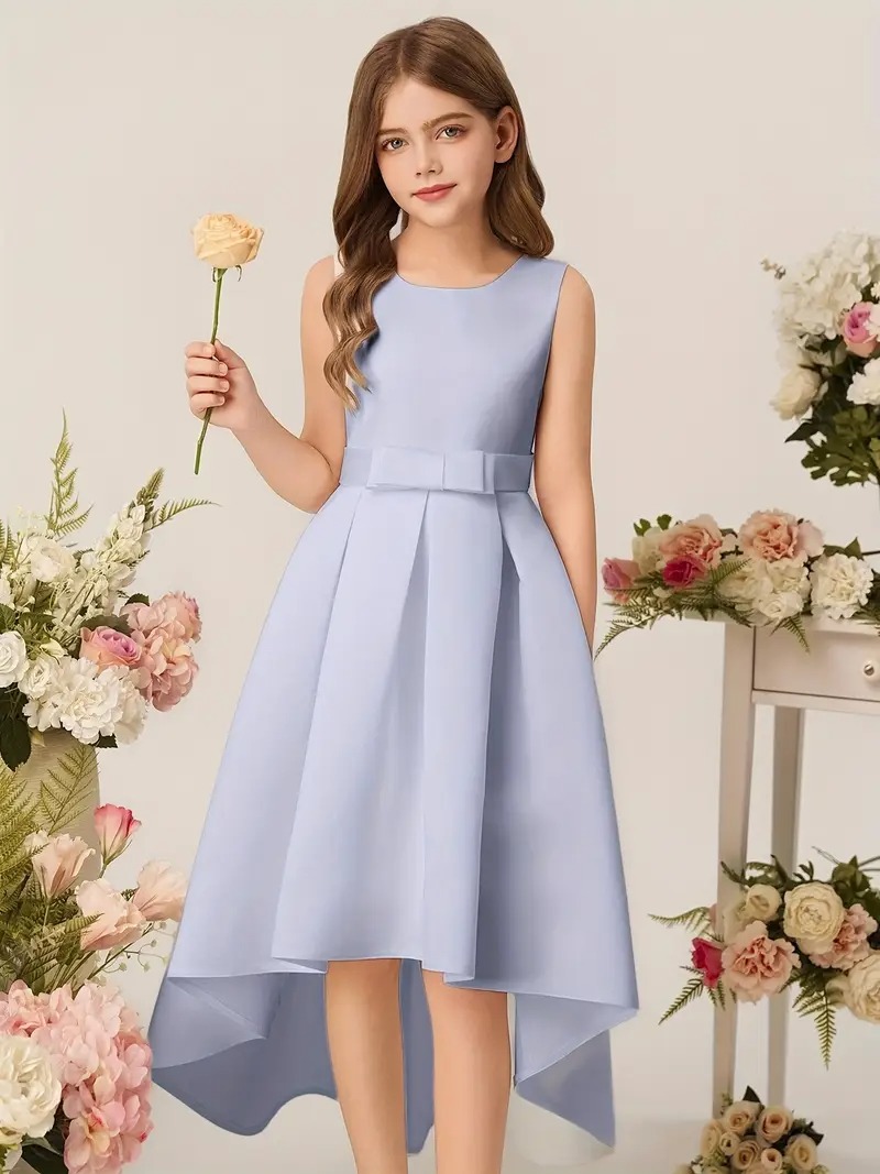Vestido elegante cola de pato sin mangas cuello redondo y V atrás celeste - Imagen 3