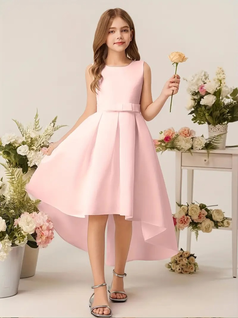 Vestido elegante cola de pato sin mangas cuello redondo y V atrás rosa - Imagen 5