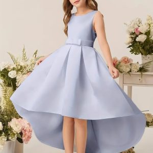 Vestido elegante cola de pato sin mangas cuello redondo y V atrás celeste