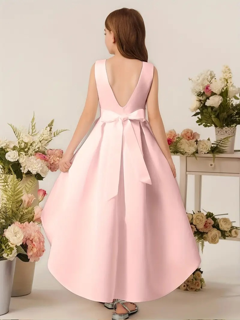 Vestido elegante cola de pato sin mangas cuello redondo y V atrás rosa - Imagen 2