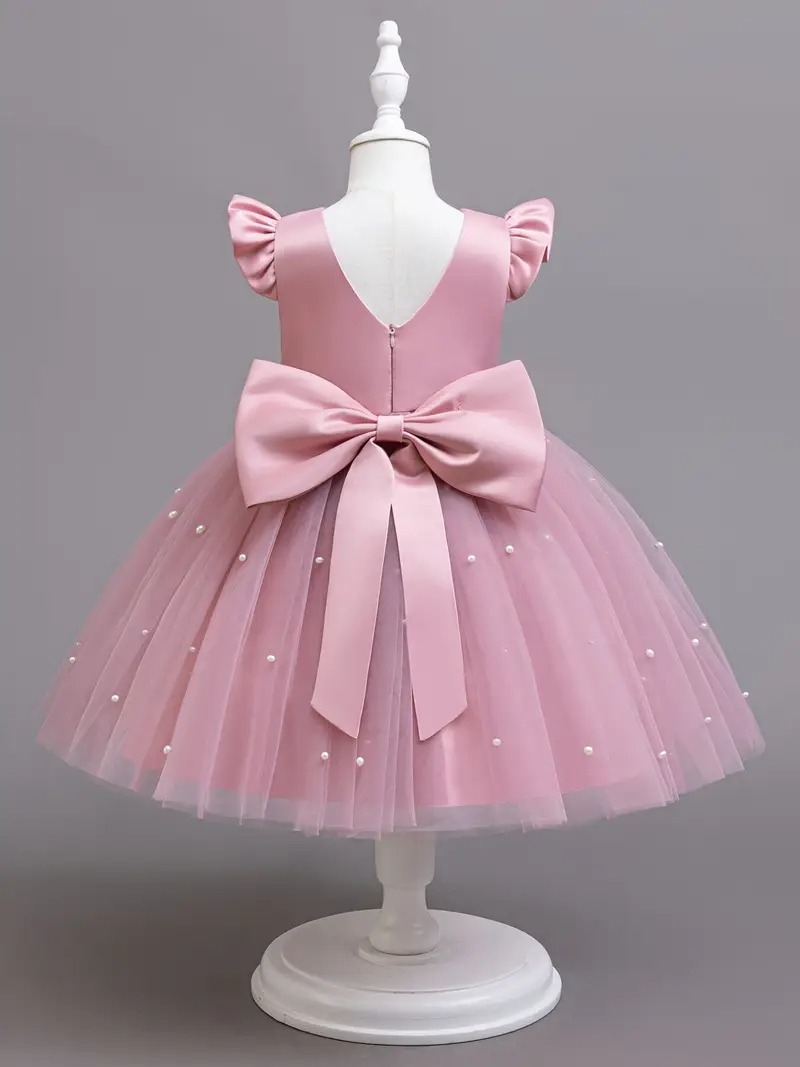 Vestido fiesta niñitas rosa de malla manga capa - Imagen 3