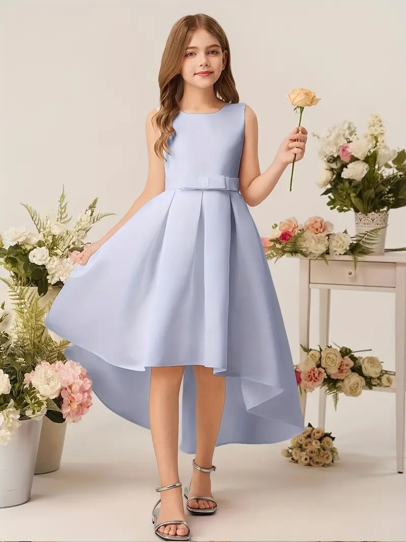 Vestido elegante cola de pato sin mangas cuello redondo y V atrás celeste - Imagen 4