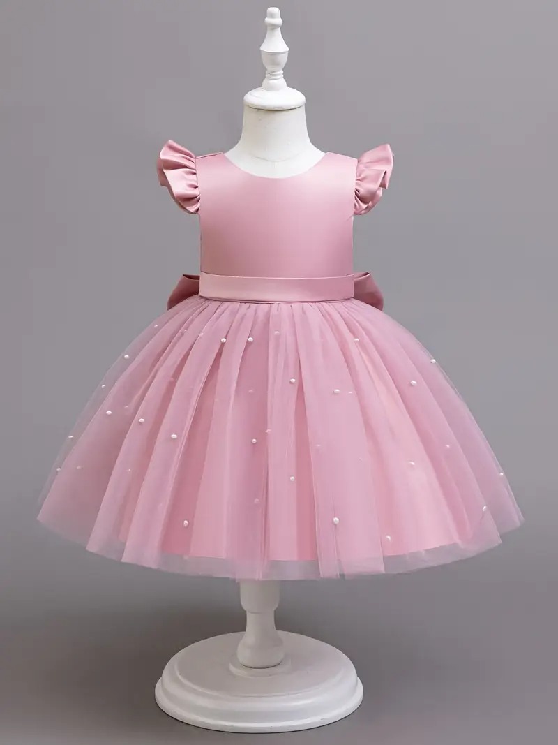 Vestido fiesta niñitas rosa de malla manga capa - Imagen 2