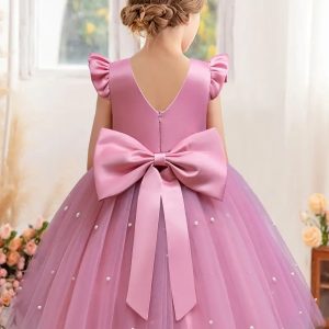 Vestido fiesta niñitas rosa de malla manga capa
