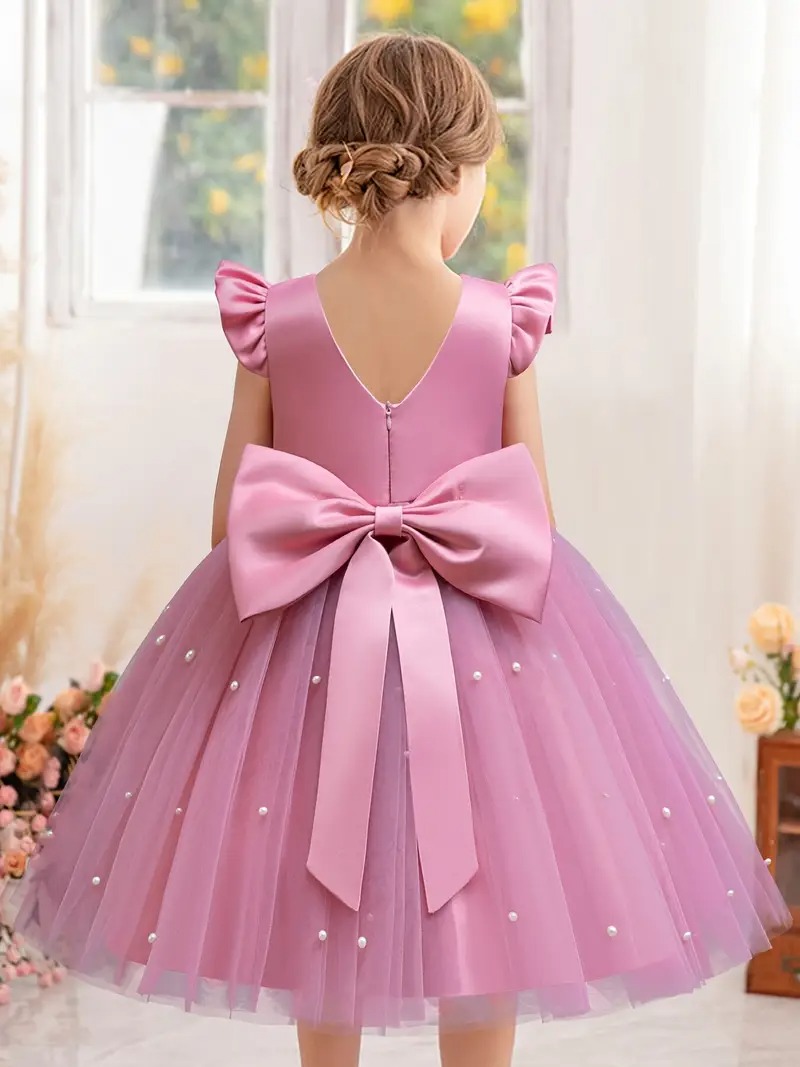 Vestido fiesta niñitas rosa de malla manga capa