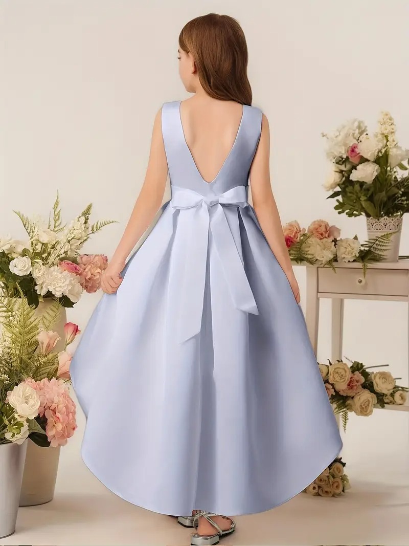 Vestido elegante cola de pato sin mangas cuello redondo y V atrás celeste - Imagen 2