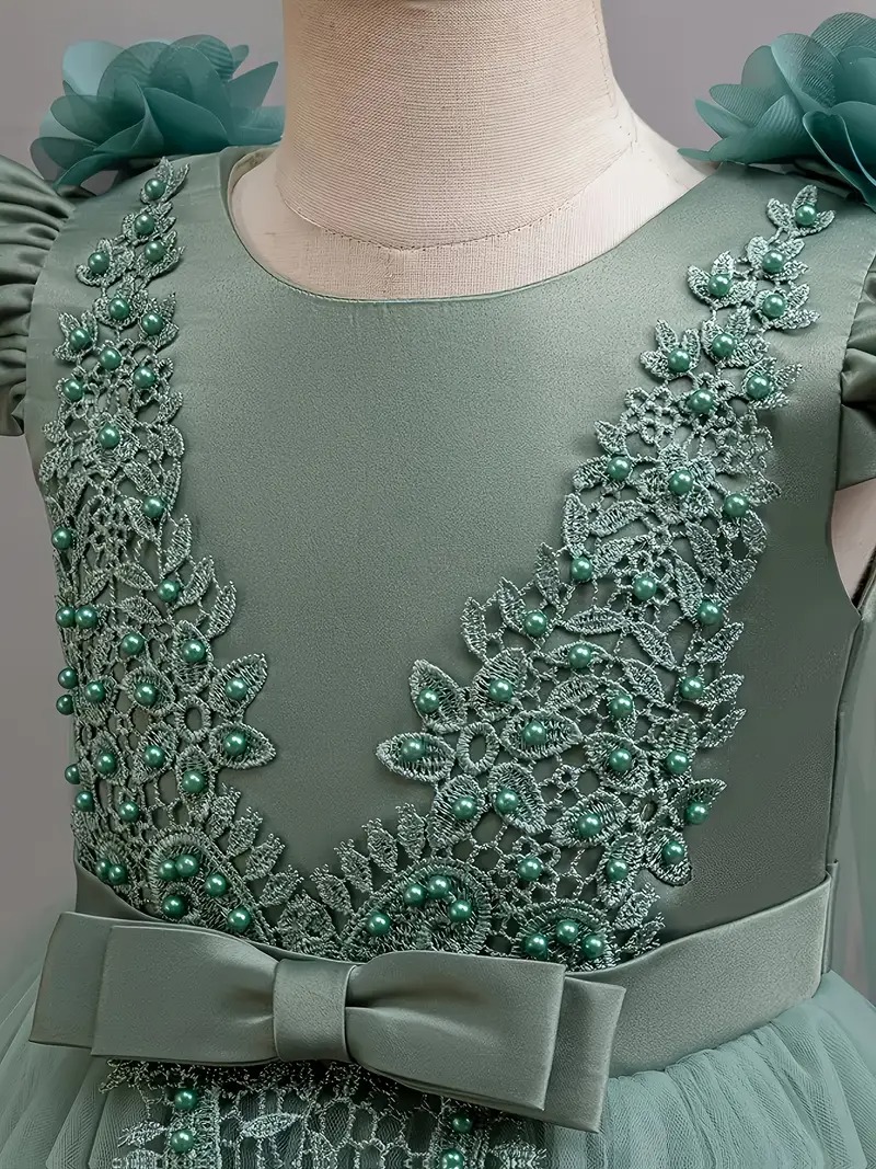 Vestido elegante de princesa con bordado floral manga rufled - Imagen 3