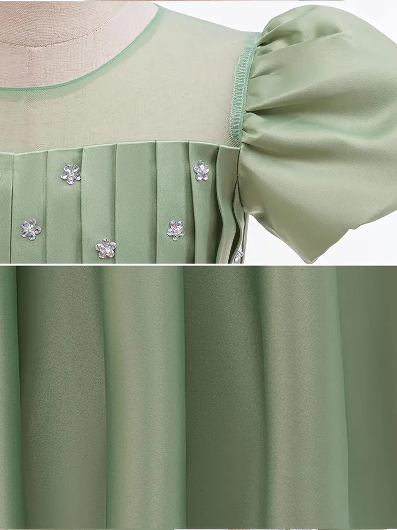 Vestido elegante plisado manga farol verde aplique flores - Imagen 2