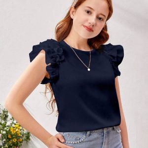 Blusa poliéster azul de manga con volante de espalda con abertura de ojo