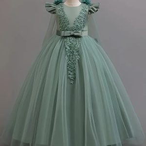 Vestido elegante de princesa con bordado floral manga rufled