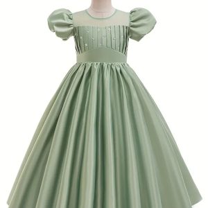 Vestido elegante plisado manga farol verde aplique flores