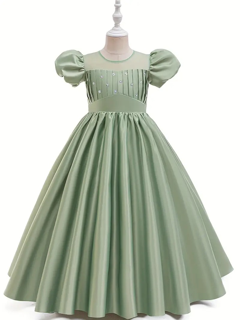 Vestido elegante plisado manga farol verde aplique flores