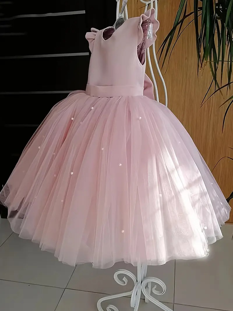 Vestido fiesta niñitas palo rosa de malla manga capa - Imagen 2