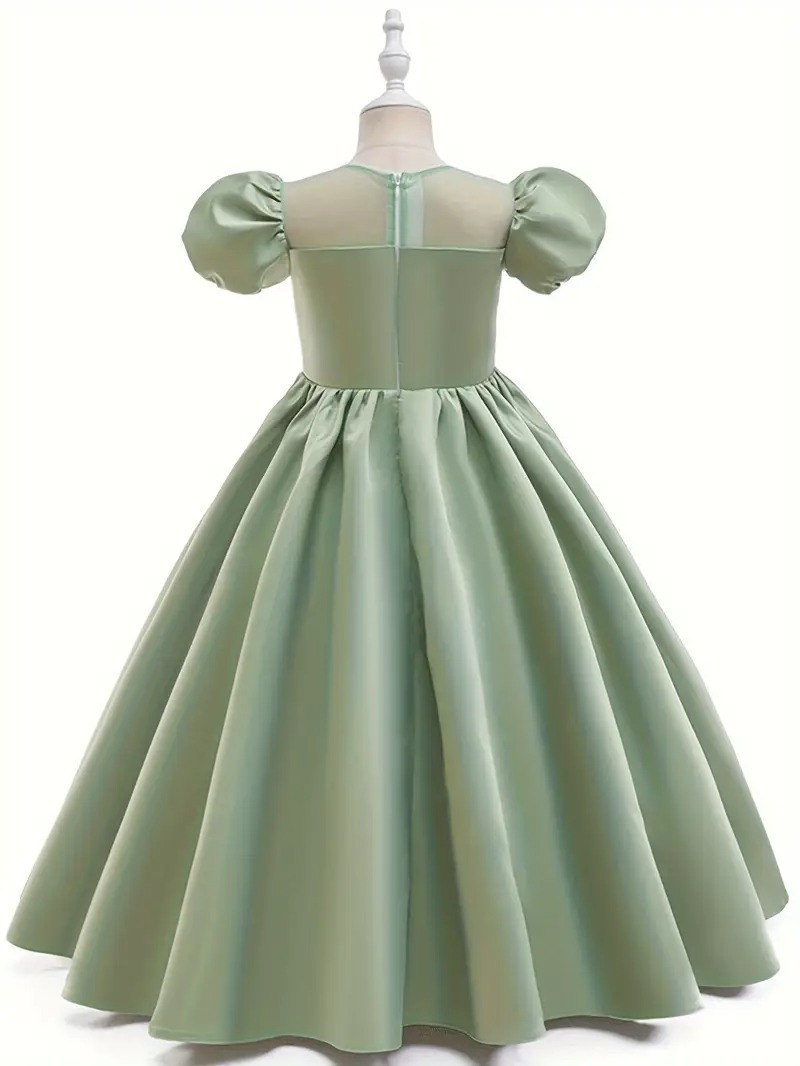Vestido elegante plisado manga farol verde aplique flores - Imagen 3