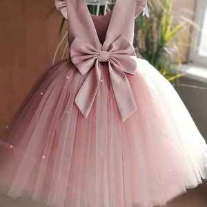 Vestido fiesta niñitas palo rosa de malla manga capa